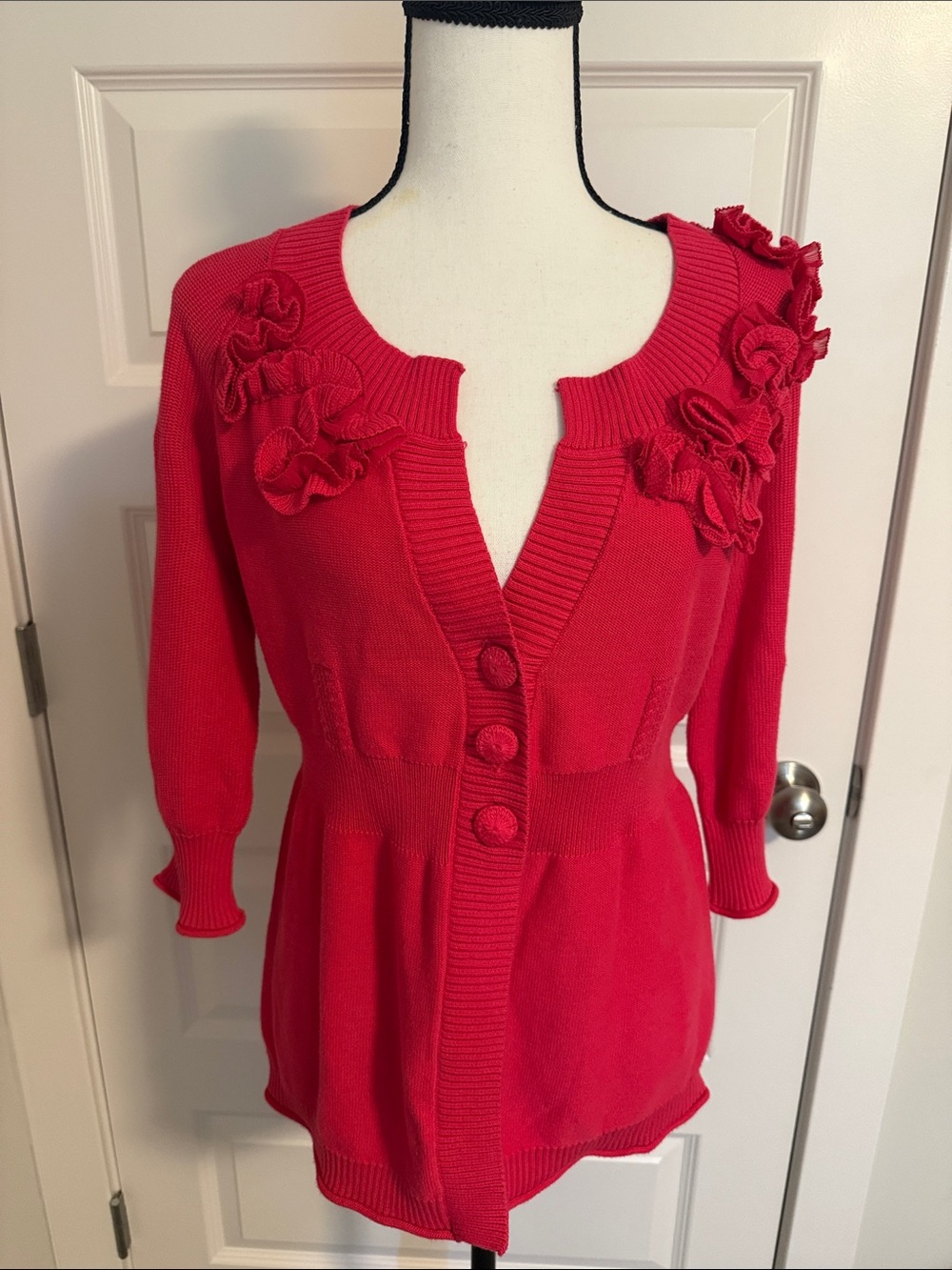DKNY Jeans|| Pink cardigan cotton sweater with 3/4 sleeve and flower accents